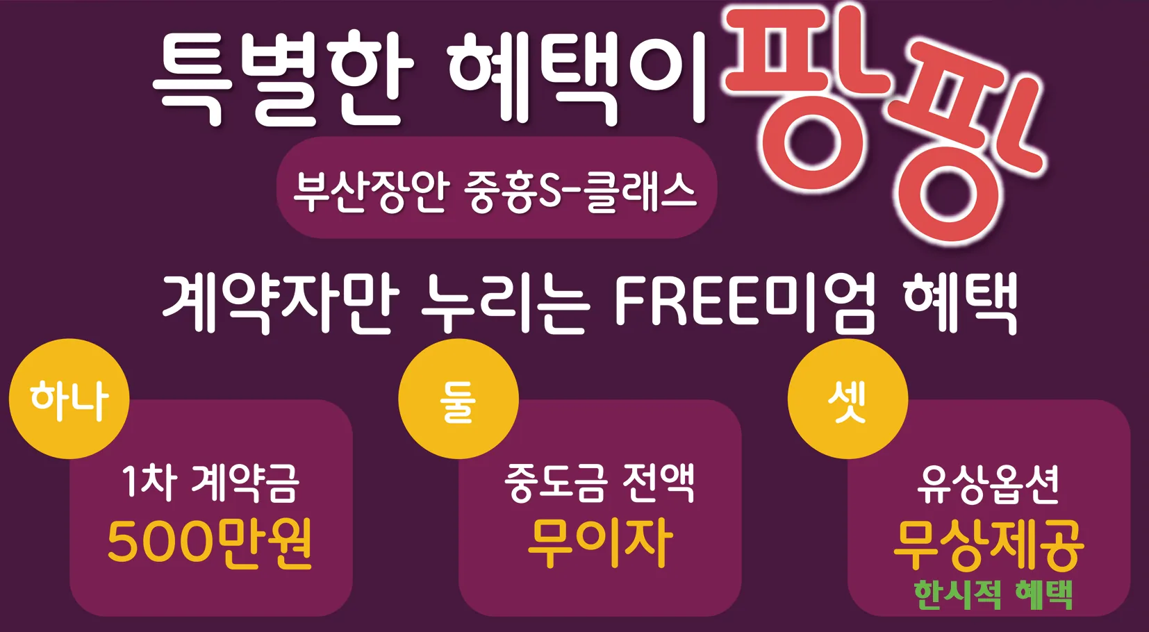 계약자 혜택 안내 - 1차 계약금 500만원, 중도금 전액 무이자, 유상옵션 무상제공
