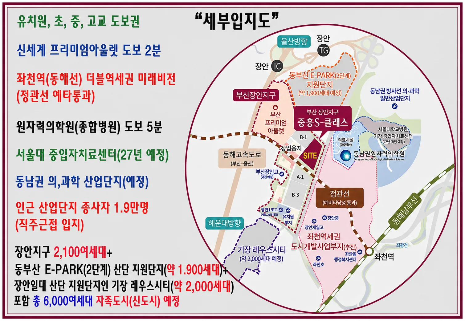 부산 장안지구 중흥S클래스 세부입지도 - 유치원·초·중·고 도보권, 신세계 프리미엄아울렛, 좌천역 동해선, 원자력의학원, 정관선 예타 통과